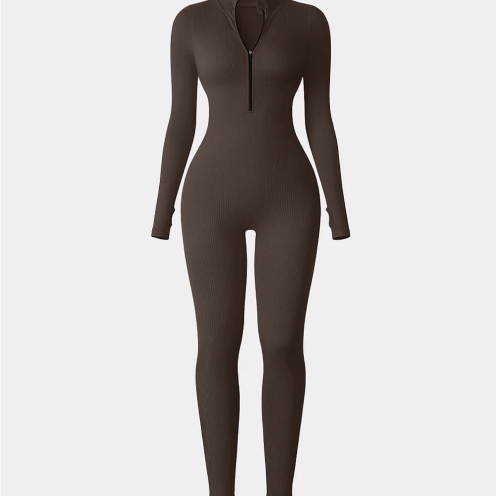 OQQ Brown Ribbed Long Sleeve Jumpsuit
